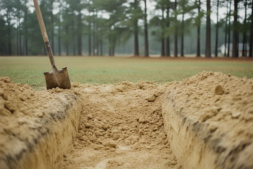 Sandy loam soil in a freshly dug trench beside a rural Alabama lawn