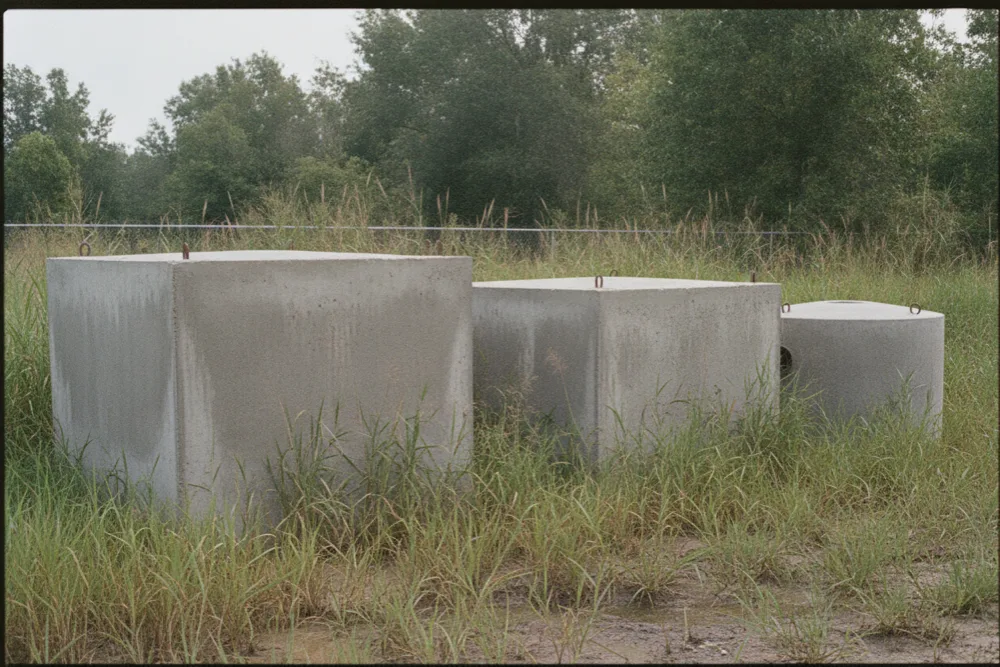 Precast concrete septic tanks of different sizes lined up in a supplier's grass yard