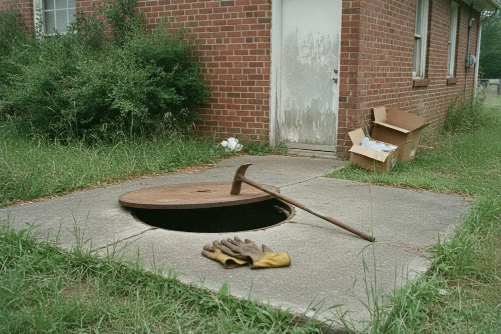 Round steel interceptor lid pried partly open on a concrete pad behind a restaurant