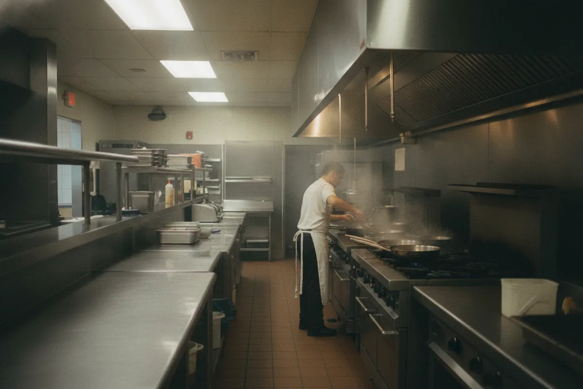 Stainless steel cook line and hood in a working commercial kitchen on a grease trap rotation