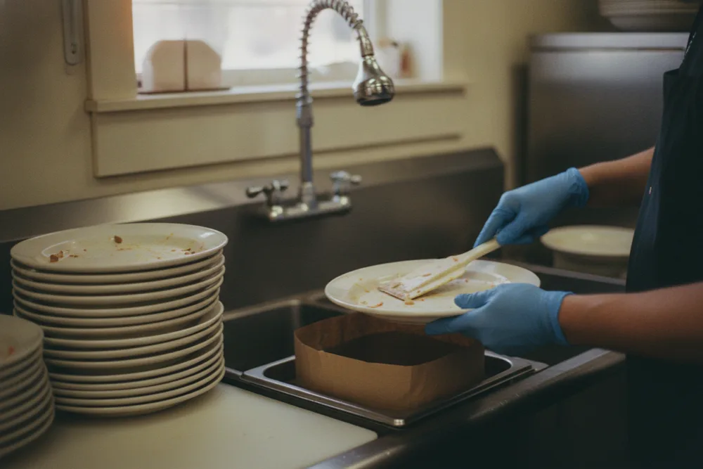 Kitchen worker scraping plate scraps into a bin before dishes reach the sink