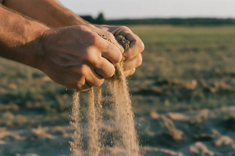 Hand crumbling pale sandy loam soil between fingers - the Wiregrass soil that does the treatment work