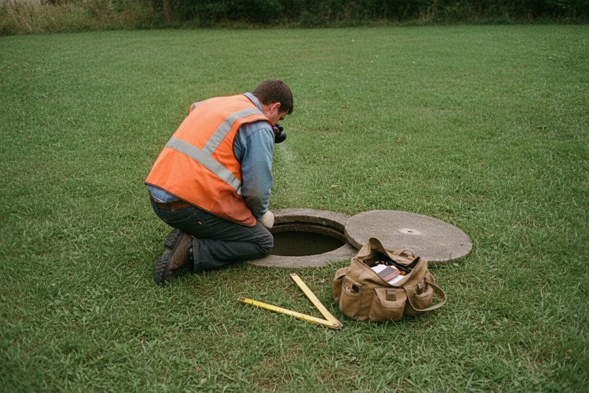 Inspector kneeling at an open septic lid shining a flashlight into the tank