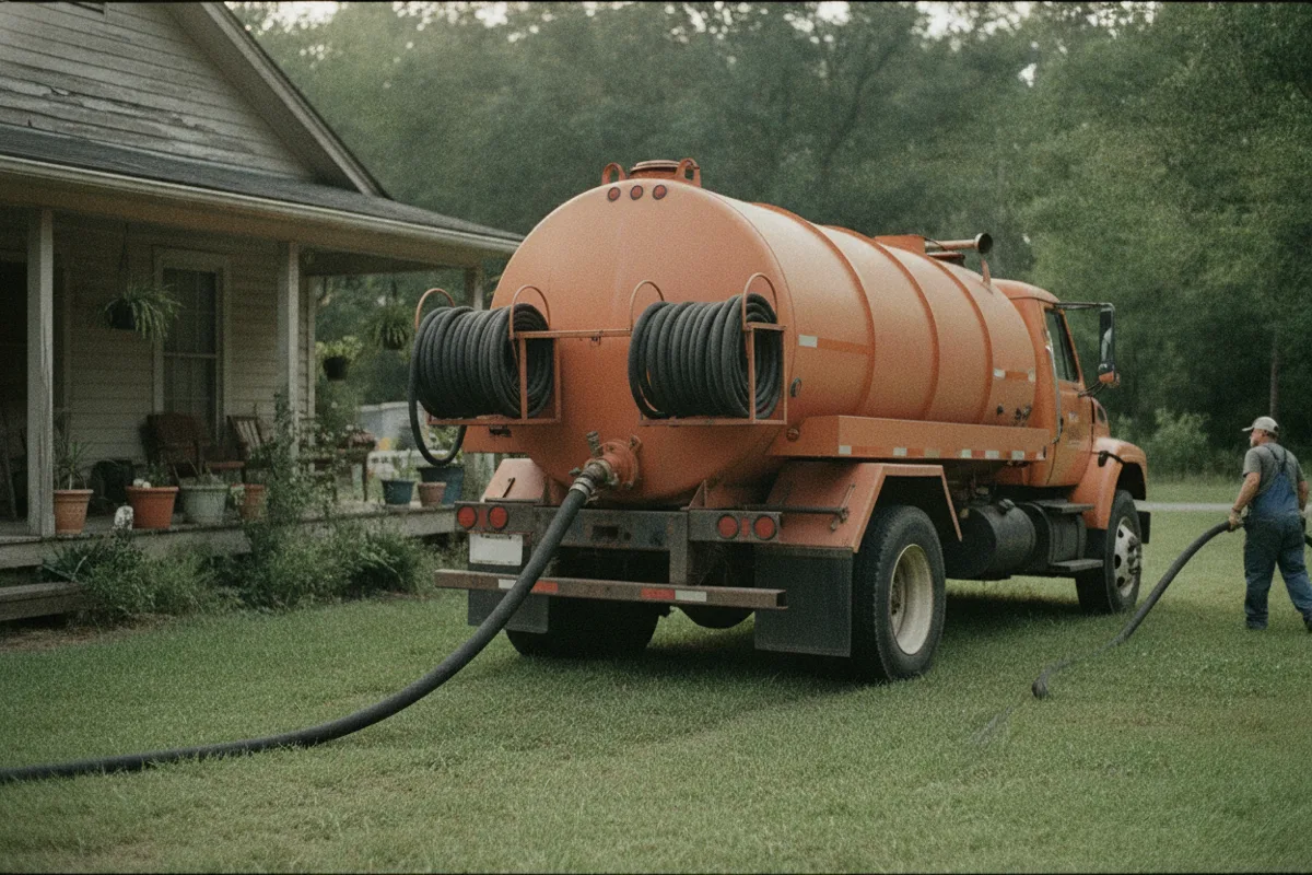 Rear of a vacuum tanker truck with pump-out hoses coiled on the rack, a technician pulling one hose down for a septic pumping job