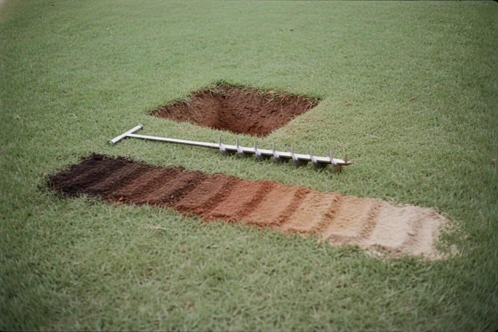 Hand auger and layered soil core beside a small evaluation pit for a septic permit